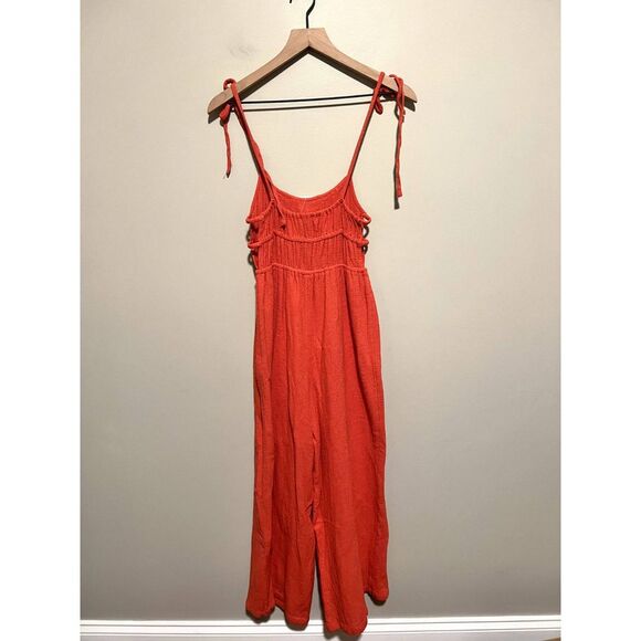 NWT Urban Outfitters Orange Gauze Tie Strap Wide Leg Jumpsuit 100% Cotton Small - Picture 9 of 11